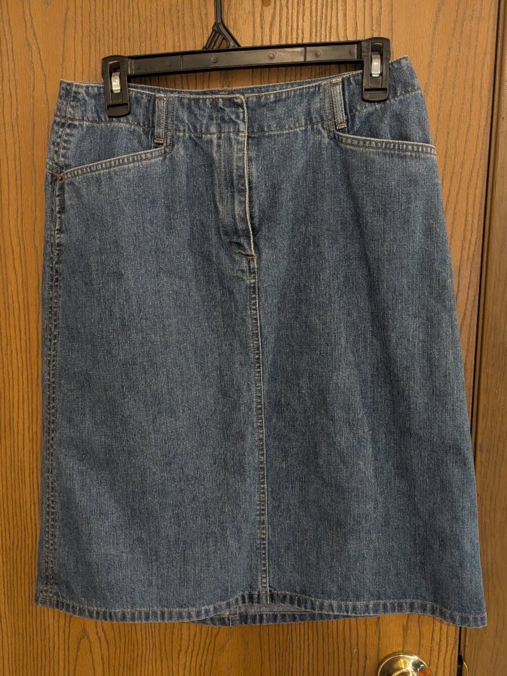Talbots Flat Front Zip Denim Med Wash Knee Length Blue Jean Skirt-6